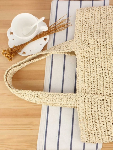 Große Kapazität Gewebte Papiere Stroh Tragetasche Damen Lässig Urlaub Strand Schulter Handtasche Mit Reißverschluss