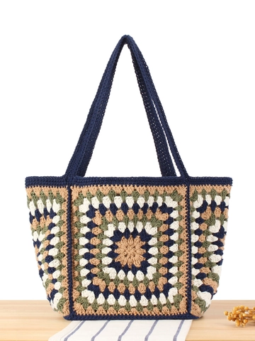 Handgefertigte Häkel-Tote-Bag Baumwollseil Granny Square Patchwork Boho Ethno-Stil Große Kapazität Damen Schultertasche