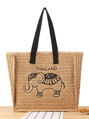 Sommer Gewebte Papier Stroh Tote Bag Große Kapazität Strand Schultertasche Elefanten Stickerei Thailand Stil Für Frauen