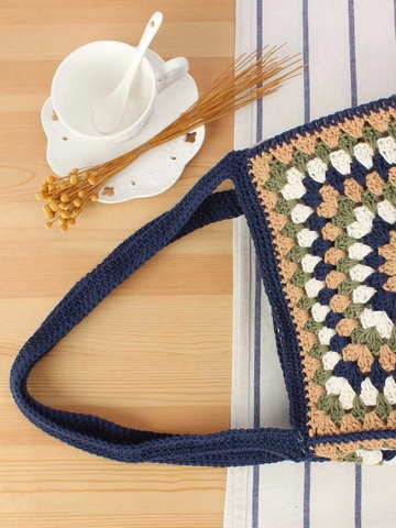 Handgefertigte Häkel-Tote-Bag Baumwollseil Granny Square Patchwork Boho Ethno-Stil Große Kapazität Damen Schultertasche