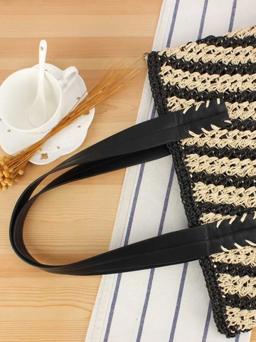 Große Gewebte Papierspender-Tragetasche Mit Kontraststreifen Und PU-Ledergriffen Sommer Strand Lässige Schultertasche