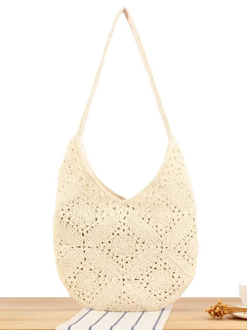 Handwoven Cotton Rope Crochet Shoulder Bag Hollow Floral Pattern Bohemian Summer Beach Vacation Tote For Women