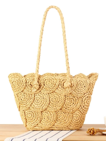 Sac À Épaule Tissé À La Main En Corde De Papier Style Paille Motif Écaillé Fermeture Éclair Fourre-Tout De Plage Été