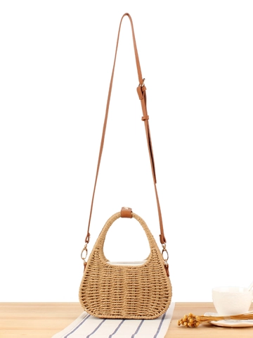 Borsa A Tracolla In Paglia Intrecciata A Mano A Triangolo Con Tracolla In Pelle PU E Manico Coulisse Spiaggia Vacanze