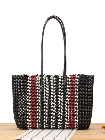 Borsa Tote Intrecciata A Mano In Plastica PVC Borsa A Spalla Grande Capacità Righe Casual Spiaggia Picnic Shopping Retrò Minimalista