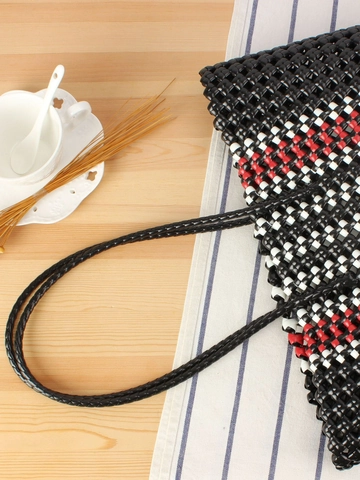 Borsa Tote Intrecciata A Mano In Plastica PVC Borsa A Spalla Grande Capacità Righe Casual Spiaggia Picnic Shopping Retrò Minimalista
