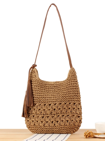 Damen Handgefertigte Gewebte Papierschnur Schultertasche Große Kapazität Strandurlaub Boho Stil Mit Quaste Und Lederriemen