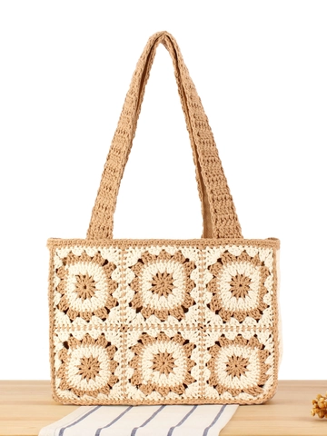 Handmade Crochet Cotton Woven Shoulder Bag Sunflower Patchwork Bohemian Summer Vacation Tote For Women