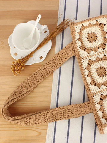 Handmade Crochet Cotton Woven Shoulder Bag Sunflower Patchwork Bohemian Summer Vacation Tote For Women