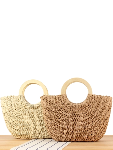 Handmade Woven Paper Rope Handbag With Round Wood Handles Drawstring Summer Beach Tote Boho Style