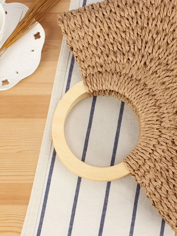Handmade Woven Paper Rope Handbag With Round Wood Handles Drawstring Summer Beach Tote Boho Style