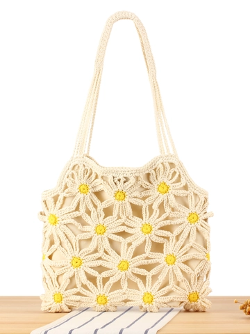 Handmade Crochet Cotton Rope Shoulder Bag Hollow Out Daisy Flower Beach Vacation Bohemian Style For Women