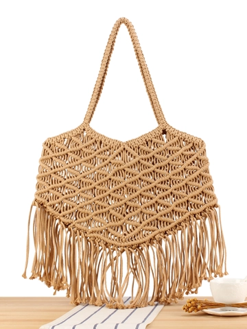 Sac A Epaule Macrame Fait Main Corde Coton Frange Boheme Sac De Plage Pour Femmes