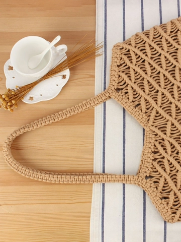 Borsa A Spalla Intrecciata A Mano Bohemienne In Corda Di Cotone Macramè Con Nappine E Fodera Per Donna Mare