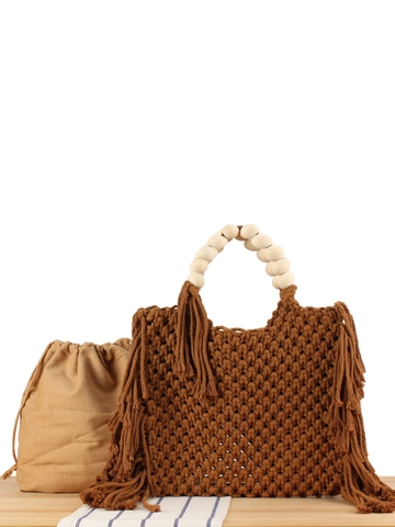 Hand Woven Cotton Rope Macrame Handbag Wood Bead Handle Tassel Bohemian Style Women Beach Vacation Tote Drawstring Inner Bag