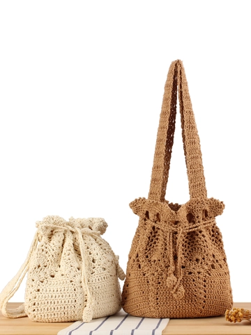 Handmade Crochet Cotton Rope Shoulder Bag Drawstring Hollow Out Bucket Bag Summer Beach Vacation Women