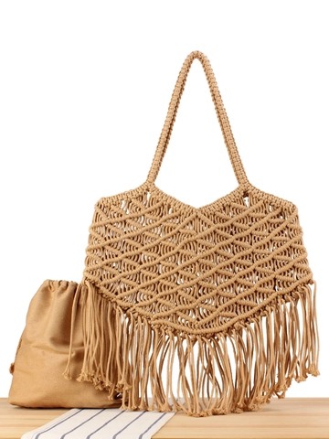 Borsa A Spalla Intrecciata A Mano Bohemienne In Corda Di Cotone Macramè Con Nappine E Fodera Per Donna Mare