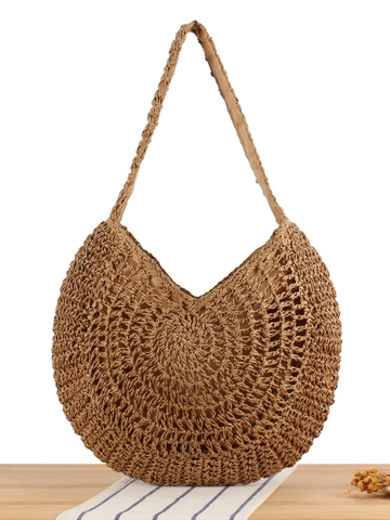Woven Shoulder Bag Paper Rope Hollow Handbags For Women Summer Beach Vacation Round Shape Zipper Inner Pocket Soft