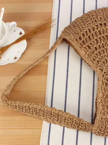Woven Shoulder Bag Paper Rope Hollow Handbags For Women Summer Beach Vacation Round Shape Zipper Inner Pocket Soft