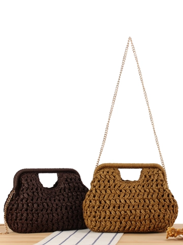 Handgeweven Papieren Stro Crossbody Tas Met Polyester Voering Gouden Ketting Hol Handvat Strandvakantie Casual Handtas