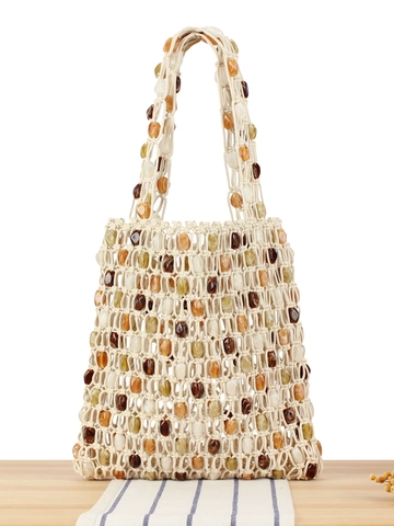 Handgefertigte Gewebte Perlenhandtasche Wachskordel Harzsteine Makramee Tragetasche Böhmischer Vintage Stil Damen