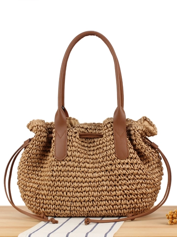 Borsa A Spalla In Paglia Intrecciata A Mano Bohemien Grande Capacità Estate Spiaggia Vacanze Tote Con Manici In Pelle PU Coulisse