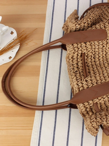 Borsa A Spalla In Paglia Intrecciata A Mano Bohemien Grande Capacità Estate Spiaggia Vacanze Tote Con Manici In Pelle PU Coulisse