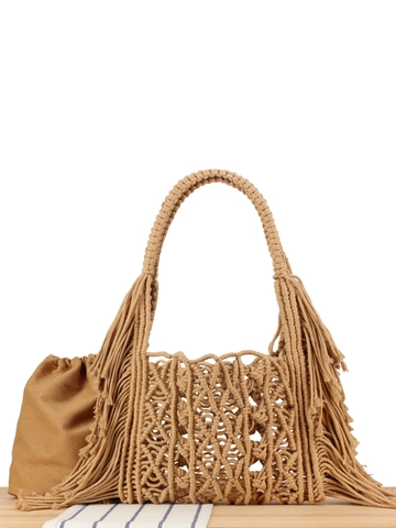 Handmade Cotton Rope Woven Shoulder Bag Bohemian Macrame Tassel Hollow Out Tote With Canvas Inner Pouch Women Vacation