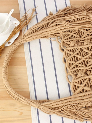 Handmade Cotton Rope Woven Shoulder Bag Bohemian Macrame Tassel Hollow Out Tote With Canvas Inner Pouch Women Vacation