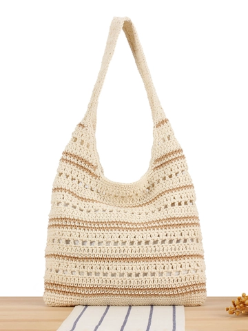 Bolso De Hombro De Cuerda De Algodón Tejido A Mano Color Block Bolso De Mano Calado Para Mujer Vacaciones Playa Verano Gran Capacidad