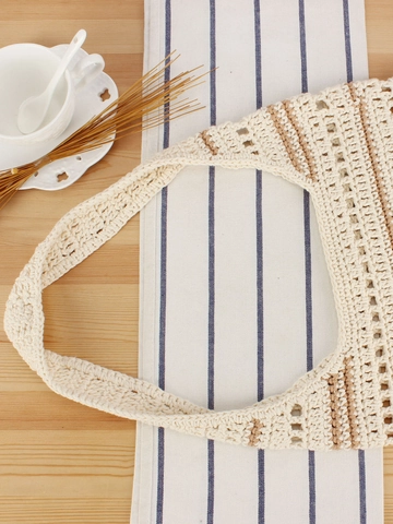 Bolso De Hombro De Cuerda De Algodón Tejido A Mano Color Block Bolso De Mano Calado Para Mujer Vacaciones Playa Verano Gran Capacidad