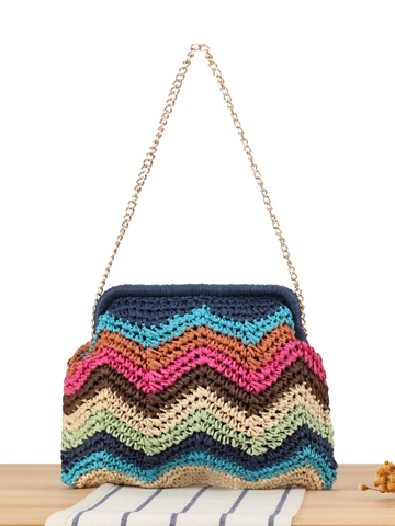 Borsa A Tracolla Intrecciata Da Donna Motivo Zigzag Colorato Paglia Di Carta Vacanze Al Mare Borsa Elegante Catena Oro