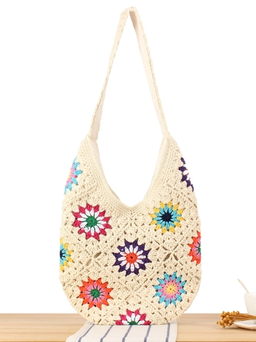 Borsa A Spalla Uncinetto Cotone Tessuta A Mano Fantasia Floreale Colorata Boho Spiaggia Vacanze Per Donne