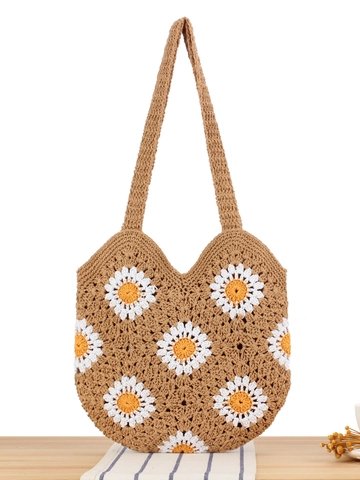 Gewebte Schultertasche Gehäkelte Gänseblümchen Baumwollseil Tote Für Frauen Lässiger Urlaub Handgefertigter Strand Reise