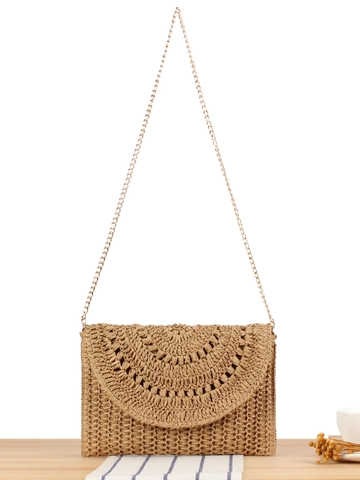 Damen Gewebte Stroh Umhängetasche Gehäkelte Papierstroh Handtasche Mit Metallkette Für Den Strandurlaub Boho Stil