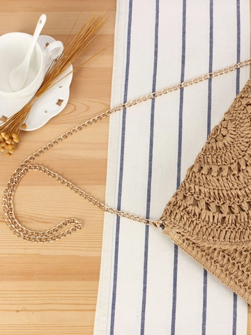 Damen Gewebte Stroh Umhängetasche Gehäkelte Papierstroh Handtasche Mit Metallkette Für Den Strandurlaub Boho Stil