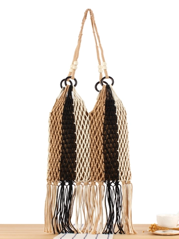 Women Woven Shoulder Bag Cotton Macrame Hollow Net Striped Beach Vacation Bohemian Style Long Tassel And Inner Pouch
