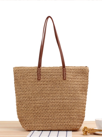 Damen Gewebte Stroh Schultertasche Große Kapazität Tote Sommer Strand Urlaub Minimalistisch Retro PU Ledergriff Reißverschluss