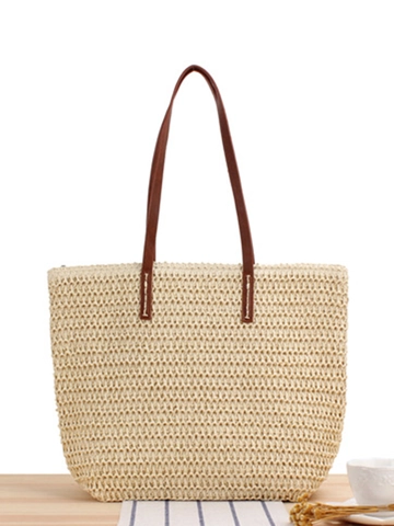Damen Gewebte Stroh Schultertasche Große Kapazität Tote Sommer Strand Urlaub Minimalistisch Retro PU Ledergriff Reißverschluss