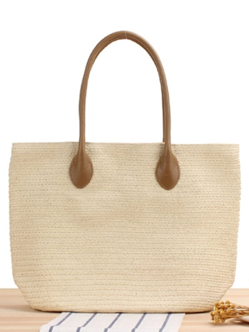 Large Capacity Woven Paper Rope Shoulder Bag With PU Leather Handles Zipper Closure Floral Lining Summer Beach Tote For Women