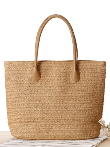 Large Capacity Woven Paper Rope Shoulder Bag With PU Leather Handles Zipper Closure Floral Lining Summer Beach Tote For Women