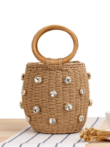 Gewebte Papier Stroh Eimertasche Mit Strasssteinen Rundem Holzgriff Kordelzug Sommer Strand Urlaub Für Damen