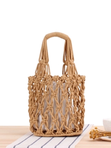 Vintage Gehäkelte Baumwollseil Eimer Handtasche Böhmische Sommer Strandtasche Mit Kordelzug Innenfutter Für Damen