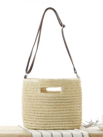 Hand Woven Paper String Crossbody Bag Adjustable Faux Leather Strap Summer Beach Vacation Shoulder Handbag For Women
