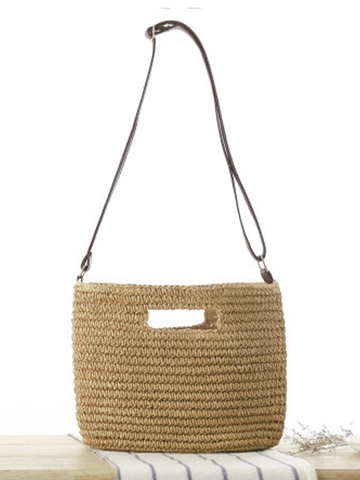 Hand Woven Paper String Crossbody Bag Adjustable Faux Leather Strap Summer Beach Vacation Shoulder Handbag For Women