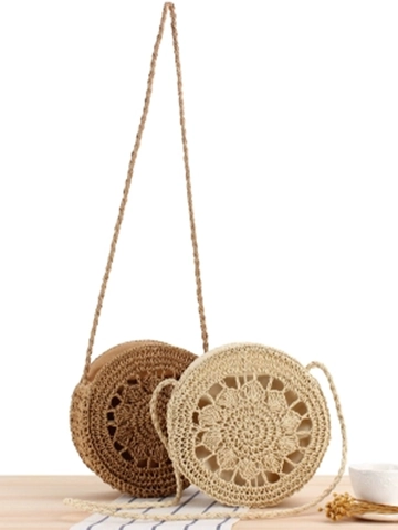 Sac Bandoulière Rond Tissé Pour Femmes Corde En Papier Doublure Polyester Motif Fleuri Évidé Plage Été Bohème