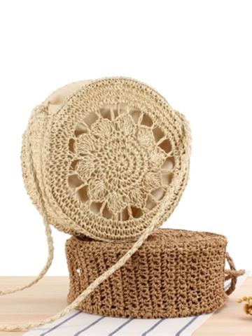 Sac Bandoulière Rond Tissé Pour Femmes Corde En Papier Doublure Polyester Motif Fleuri Évidé Plage Été Bohème