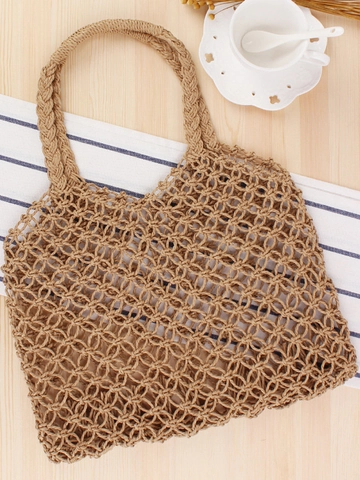 Handmade Woven Tote Bag Paper Rope Hollow Out Mesh Shoulder Bag Summer Beach Vacation Bohemian Style Casual Handbags