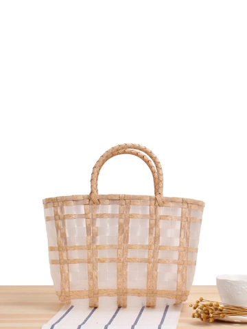 Sac Panier En Plastique PVC Tressé À Rayures Plaid Été Plage Tote Style Décontracté Pour Femmes Filles