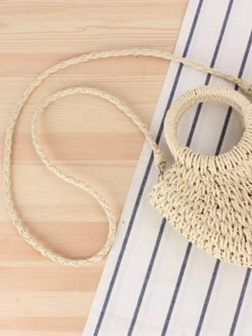 Damen Minimalistische Gewebte Papierkordel Umhängetasche Halbmond Strand Urlaub Handtasche Mit Rundem Griff Und Langem Riemen
